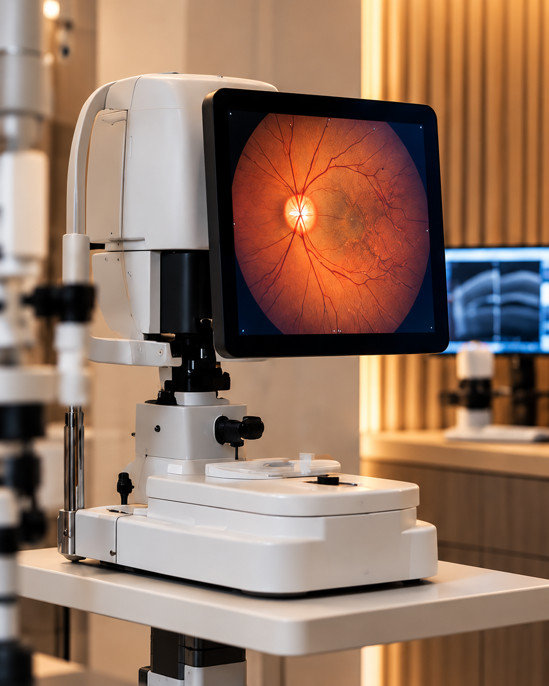 Imagem ilustrativa de equipamento com imagem da retina em monitor